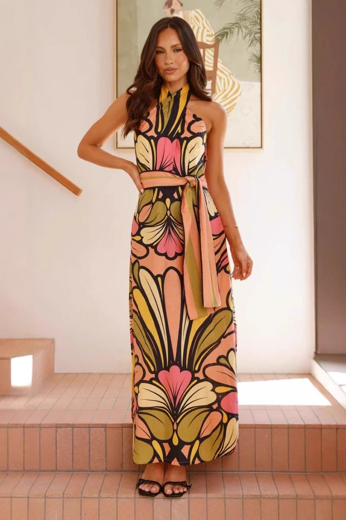 Floral Print Halter Belted Waist Maxi Dress