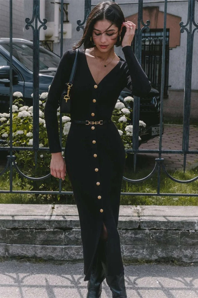 Ribbed Knit V-Neck Button-Front Belted Midi Dress