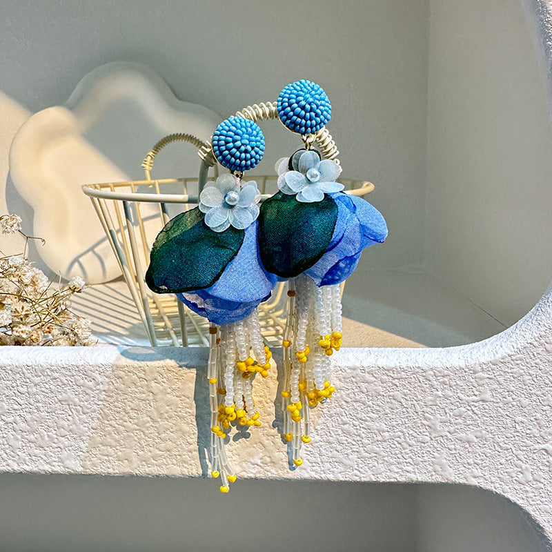 Handmade Fabric Rice Bead Tassel Earrings