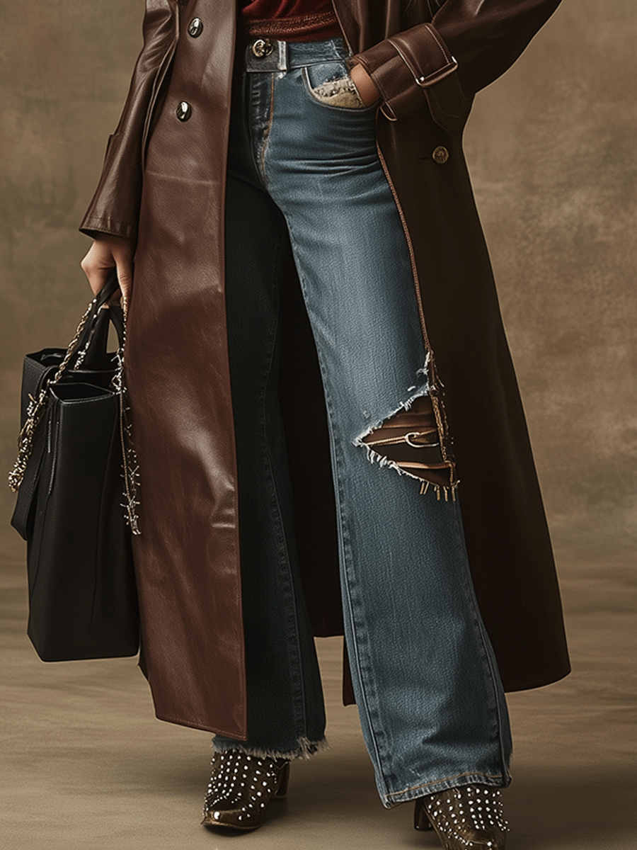 Vintage Western Chic Dark Brown Leather Trench Coat - Fashionpara