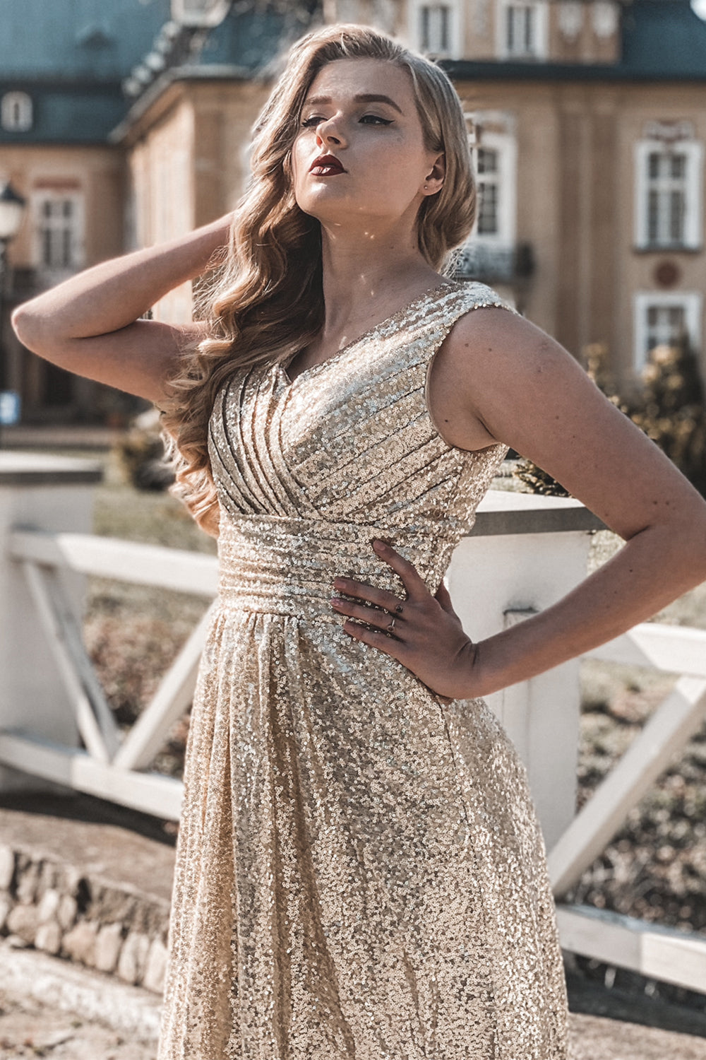 Gold V Neck Sequin Prom Bridesmaid - Fashionpara