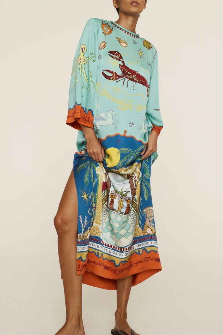 Satin Unique Print Long-sleeve Tie-waist Slit Maxi Dress - Fashionpara