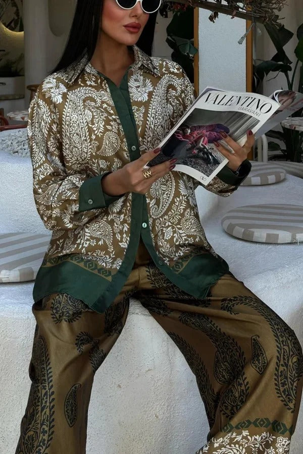 Naya Satin Contrast Color Paisley Long Sleeve Shirt and Elastic Waist Pocketed Pants Set - Fashionpara