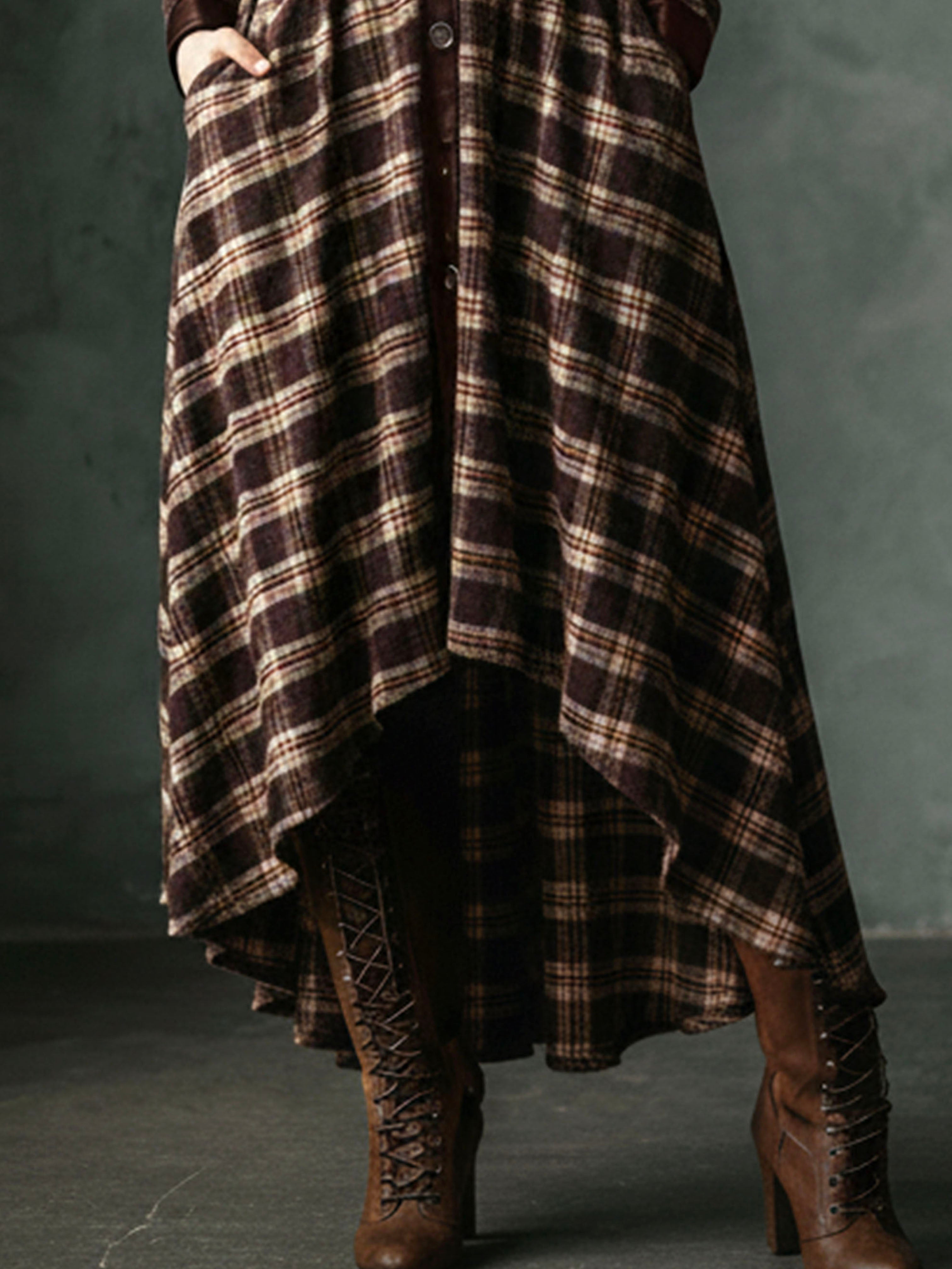 Vintage Plaid Wool Blend High-Low Coat With Pockets