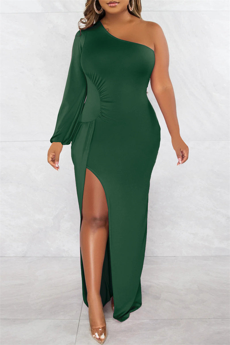 Sexy Formal Solid Backless Slit Oblique Collar Long Sleeve Dresses  Fashionpara