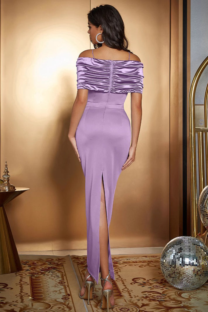 Off-Shoulder Draped Satin Panel Bodycon Maxi Dress
