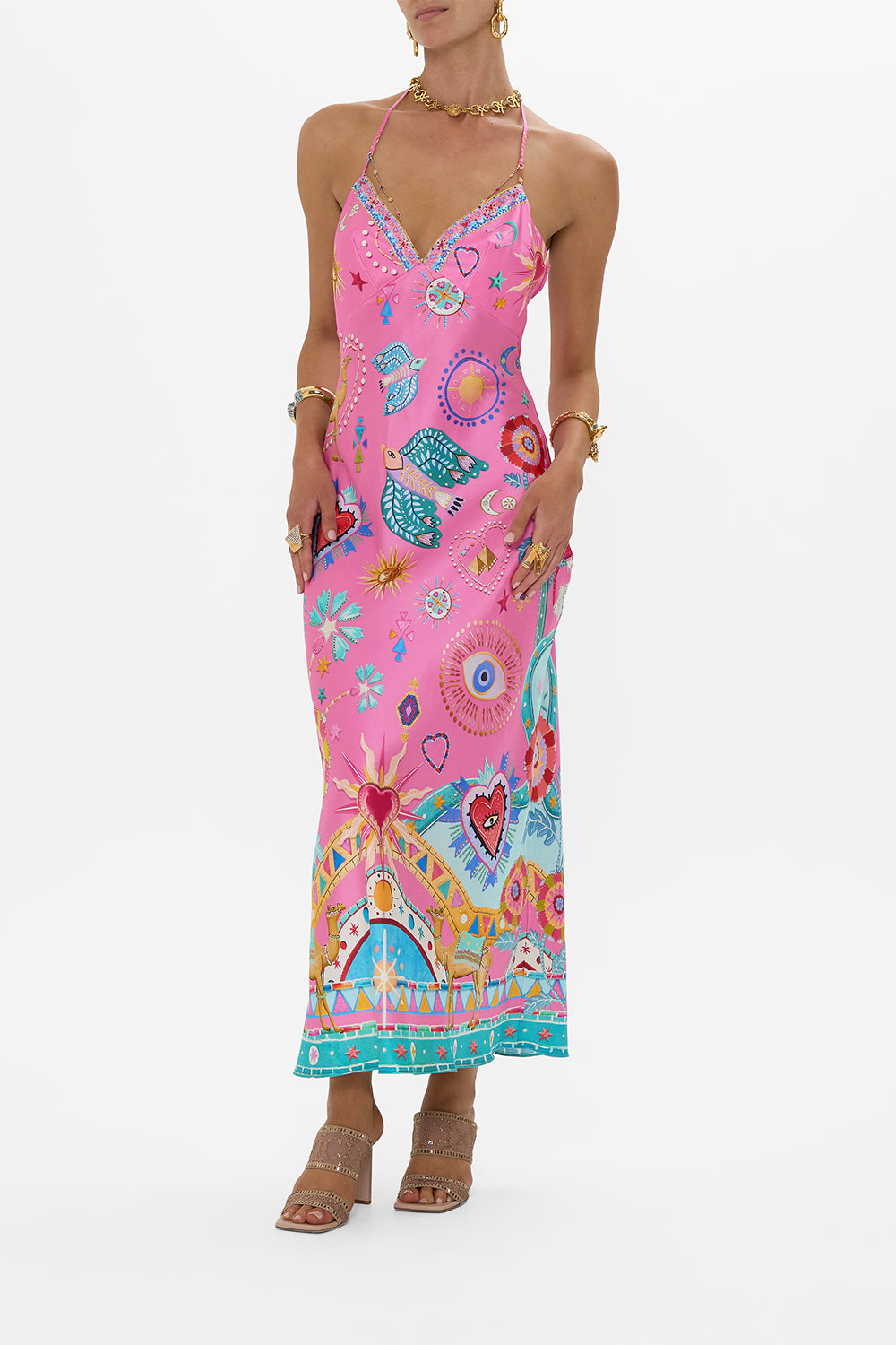 Effortless Chic Satin Unique Print Back Chain Detail Slip Maxi Dress - Fashionpara