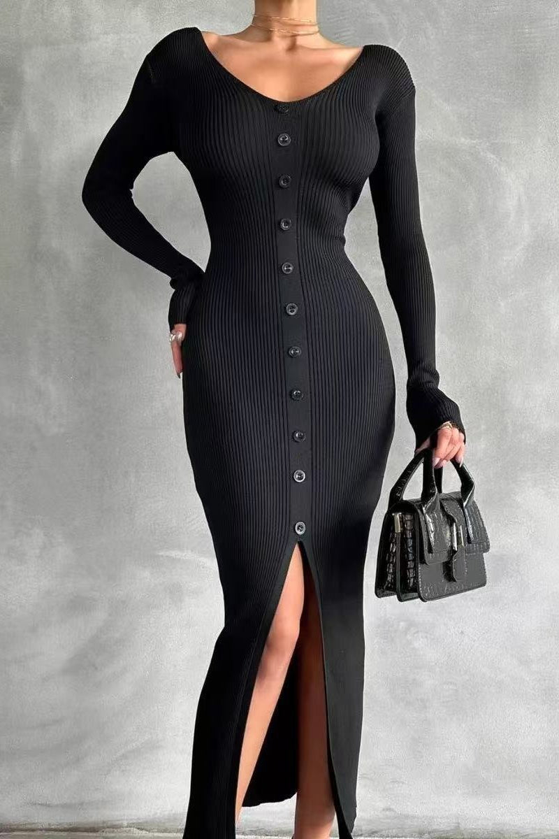 Elegant V Neck Knit Slit Midi Bodycon Dress