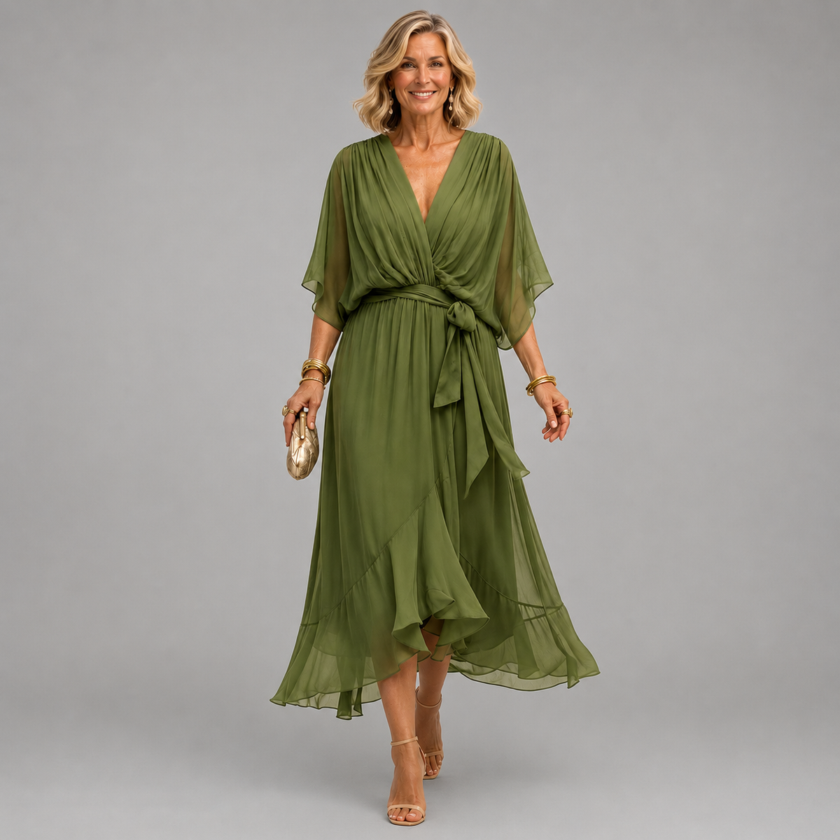 Deep V-Neck Flutter Sleeve Wrap Tie Ruffle Hem Chiffon Midi Dress