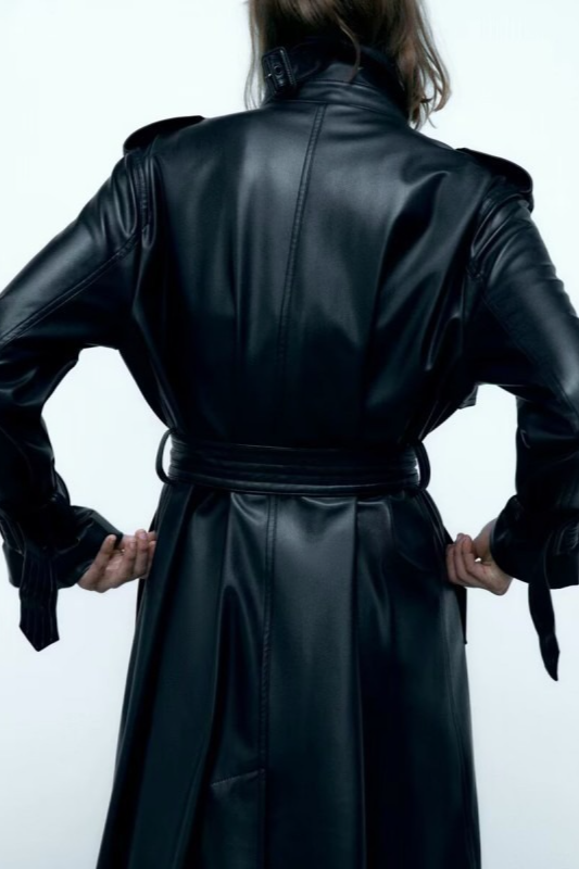 Belted Black Long Faux Leather Casual Versatile Overcoat - Fashionpara