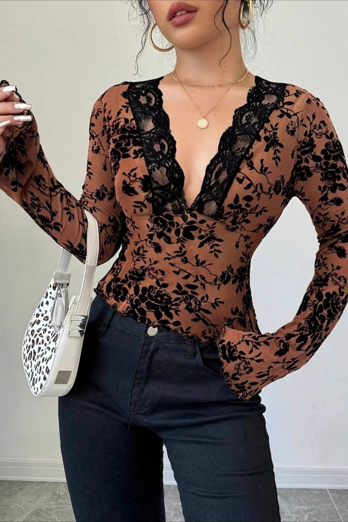 Sheer Lace Flared Sleeve Blouse - Fashionpara