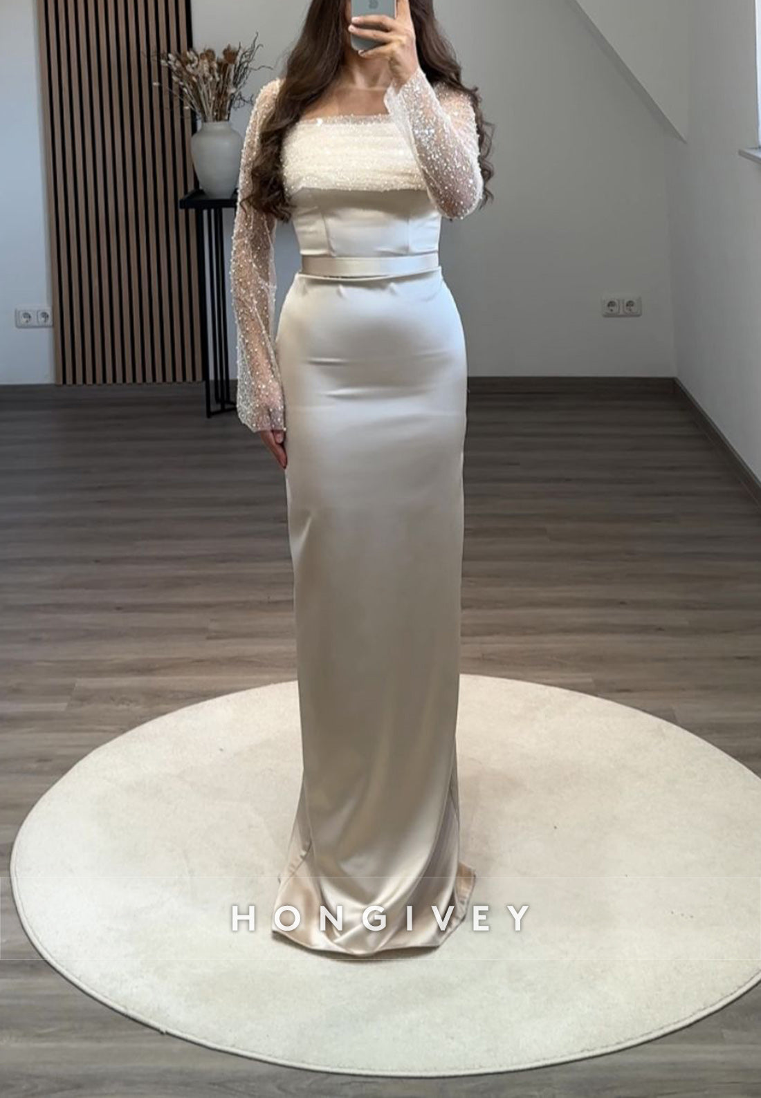 Formal Long Sleeve Sheath Floor-Length Square Appliqued Pleated Evening Gown - Fashionpara