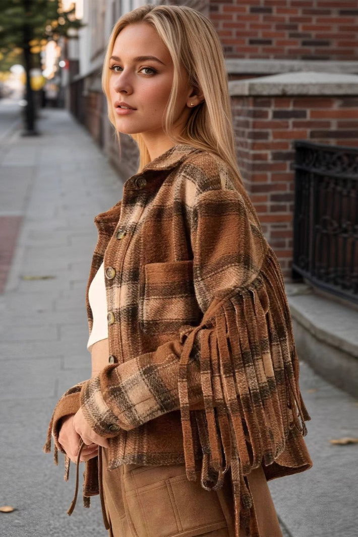 Elegant Plaid Wool Short Coat with Stylish Side Fringes