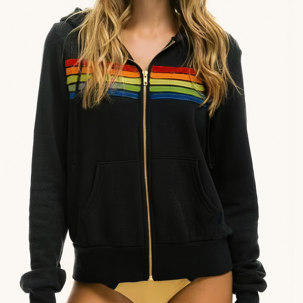 Fleece Lined Colorful Striped Zip Loose Unisex Hoodie