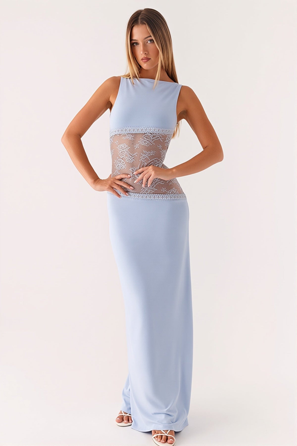 Lace-Panel High Neck Sheer Bodycon Maxi Dress 2