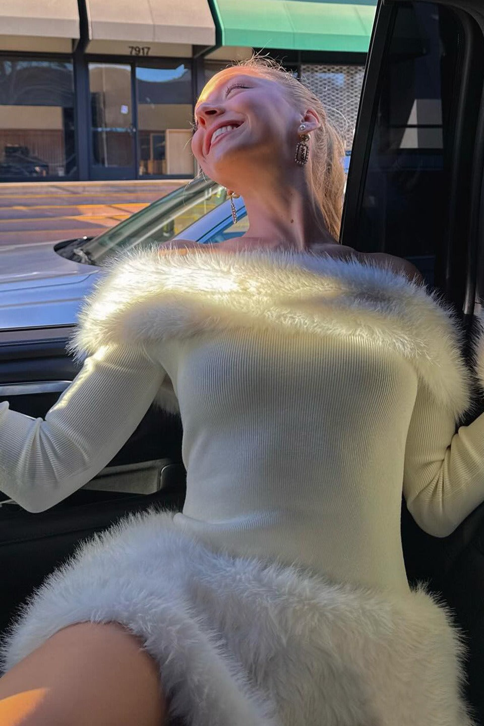 Plush Trimmed Off Shoulder Slim Knit Formal Sweater Dress - Fashionpara