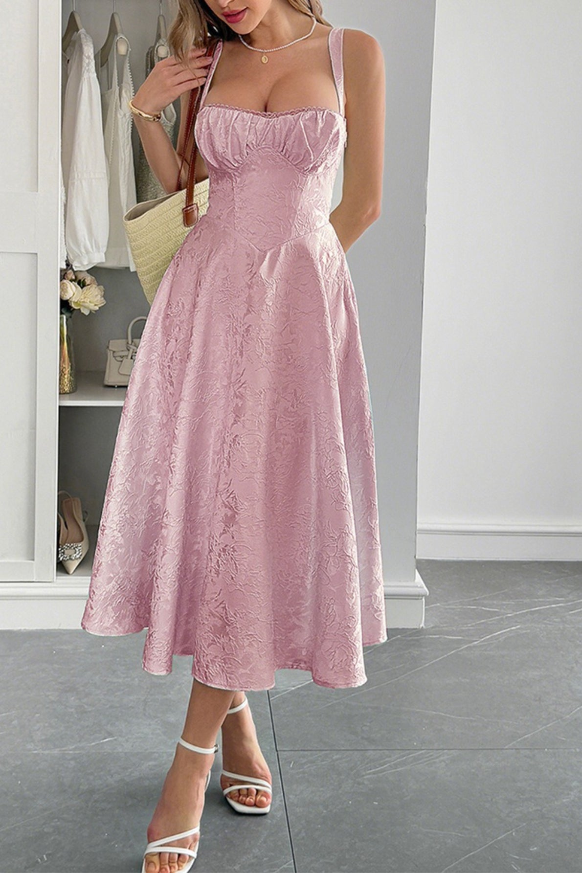 Jacquard Sweetheart Spaghetti Strap Fit and Flare Midi Dress