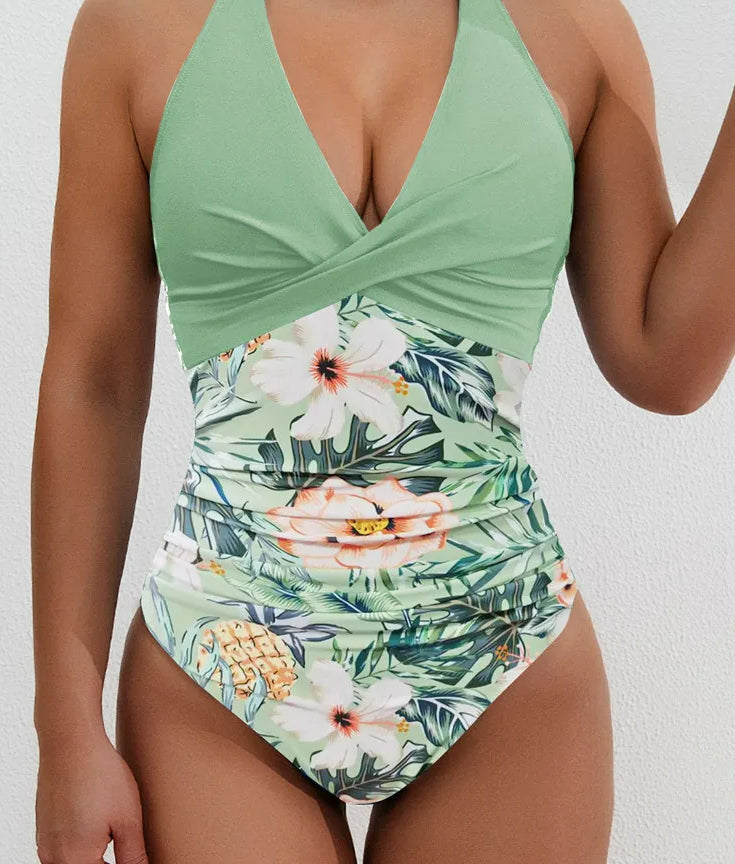 Print Patchwork Halter Push Up One Piece Set