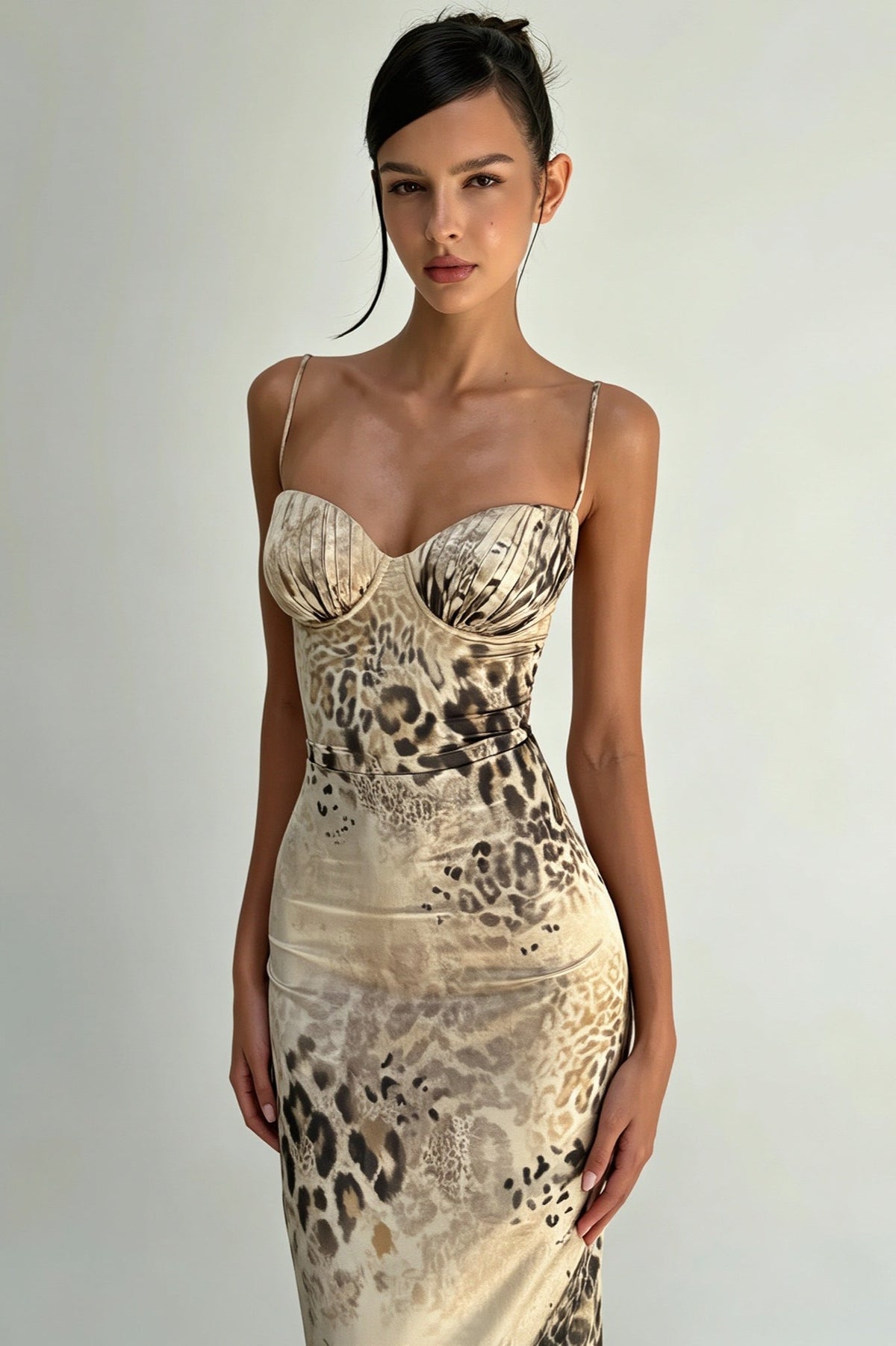 Animal Print Sweetheart Ruched Bodycon Midi Dress