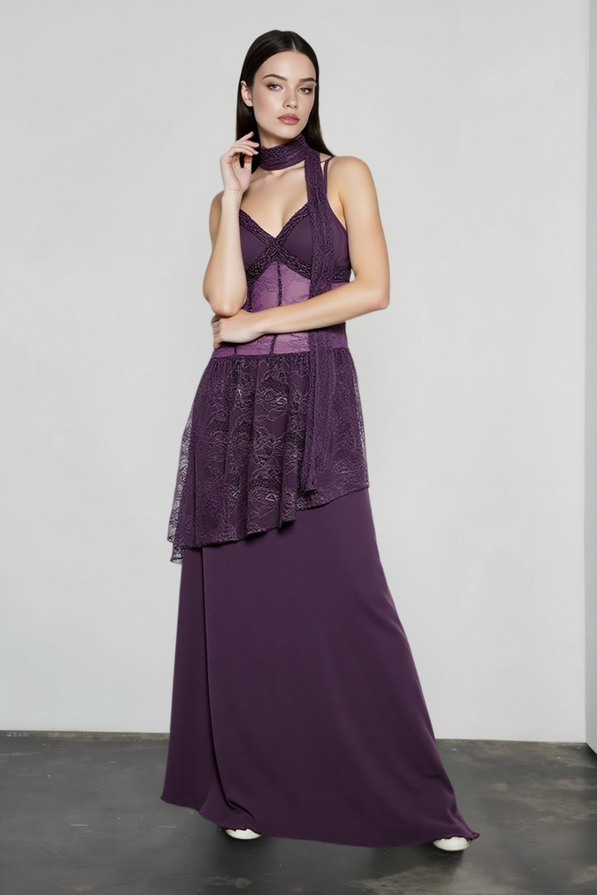 Sheer Lace Overlay V-Neck Handkerchief Maxi Dress 8