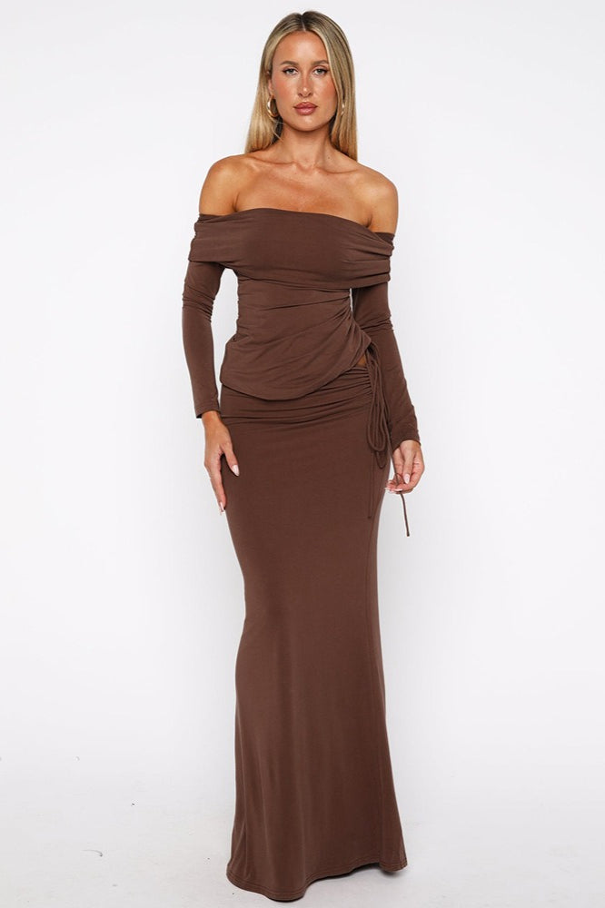 Off Shoulder Tie Front Top and Maxi Skirt Set
