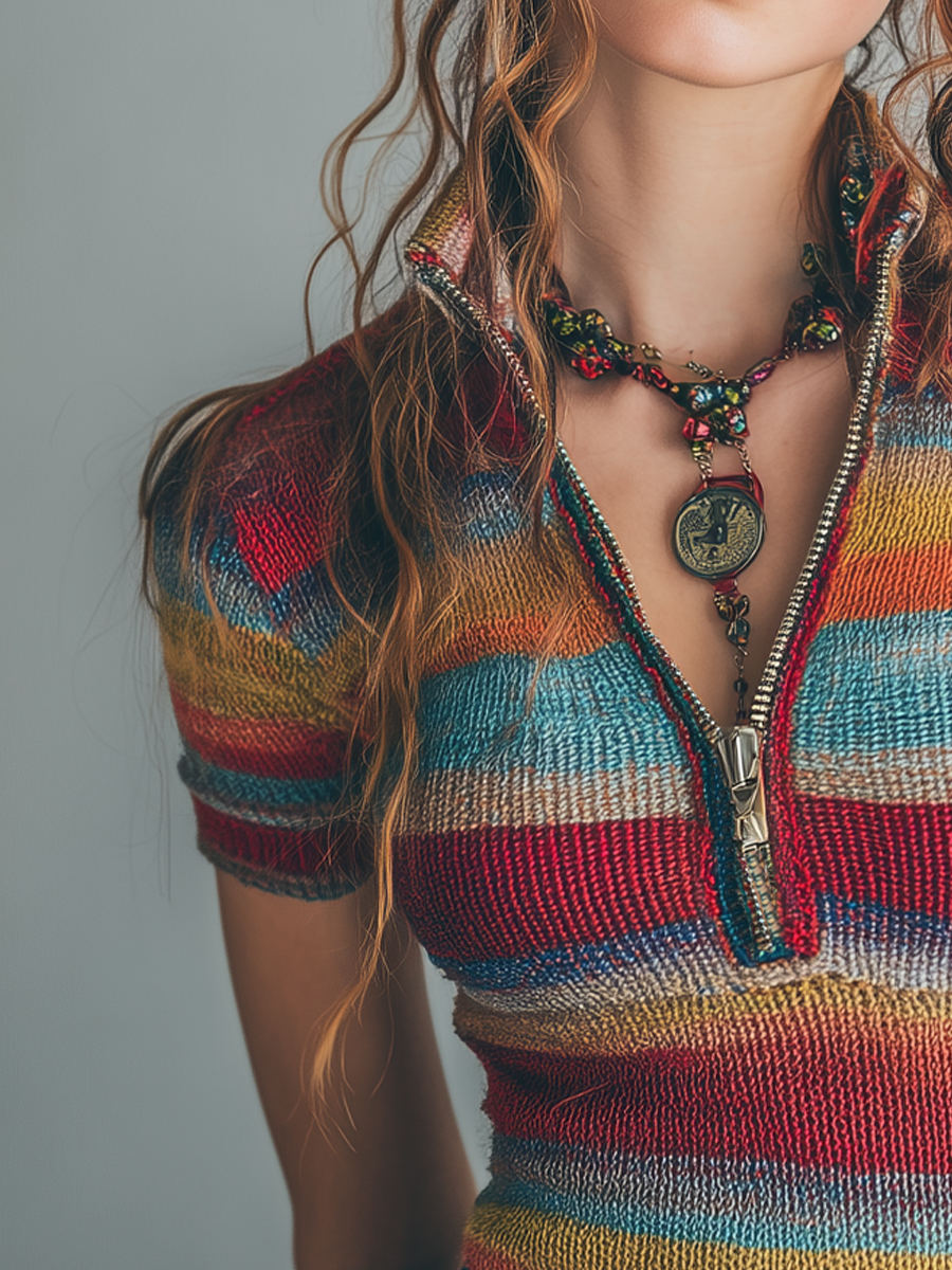 Retro Zipper Collar Colorful Striped Short Sleeve Knitted Blouse - Fashionpara