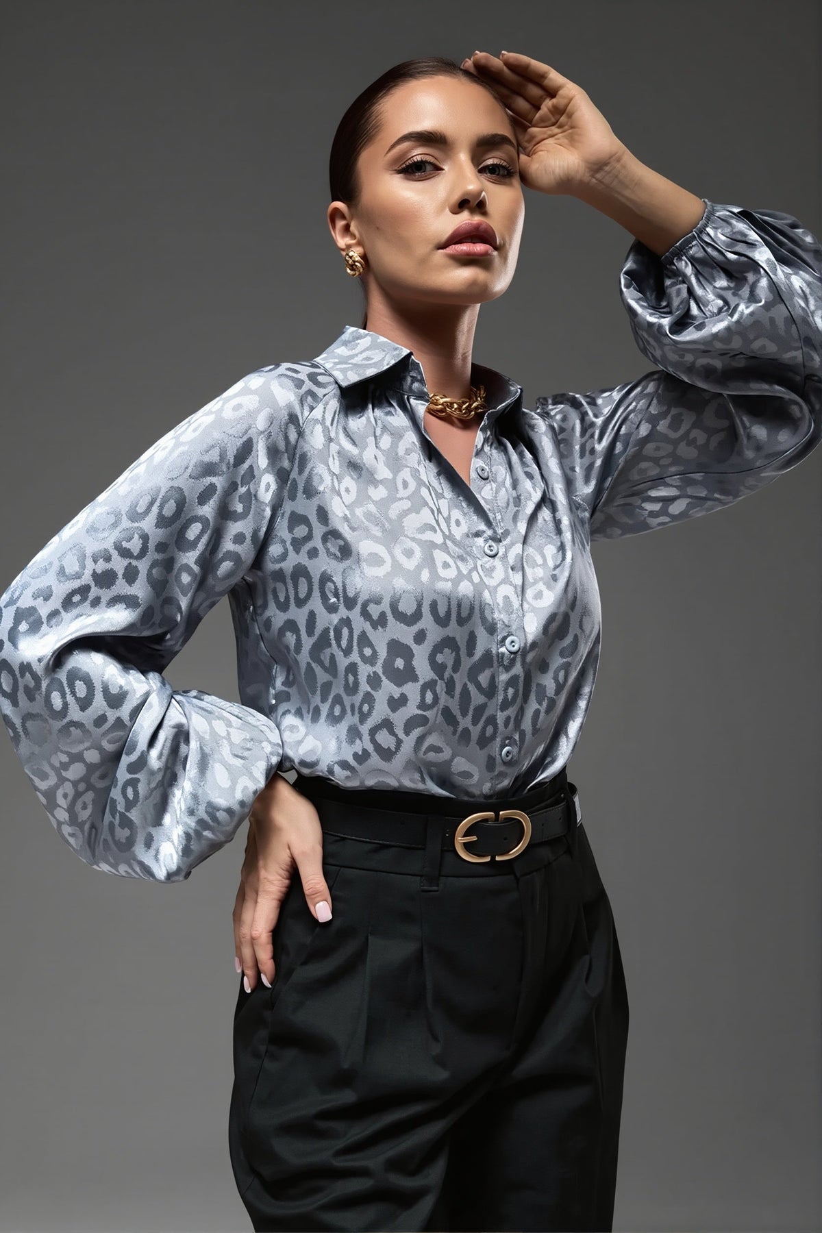Leopard Jacquard Balloon Sleeve Blouse