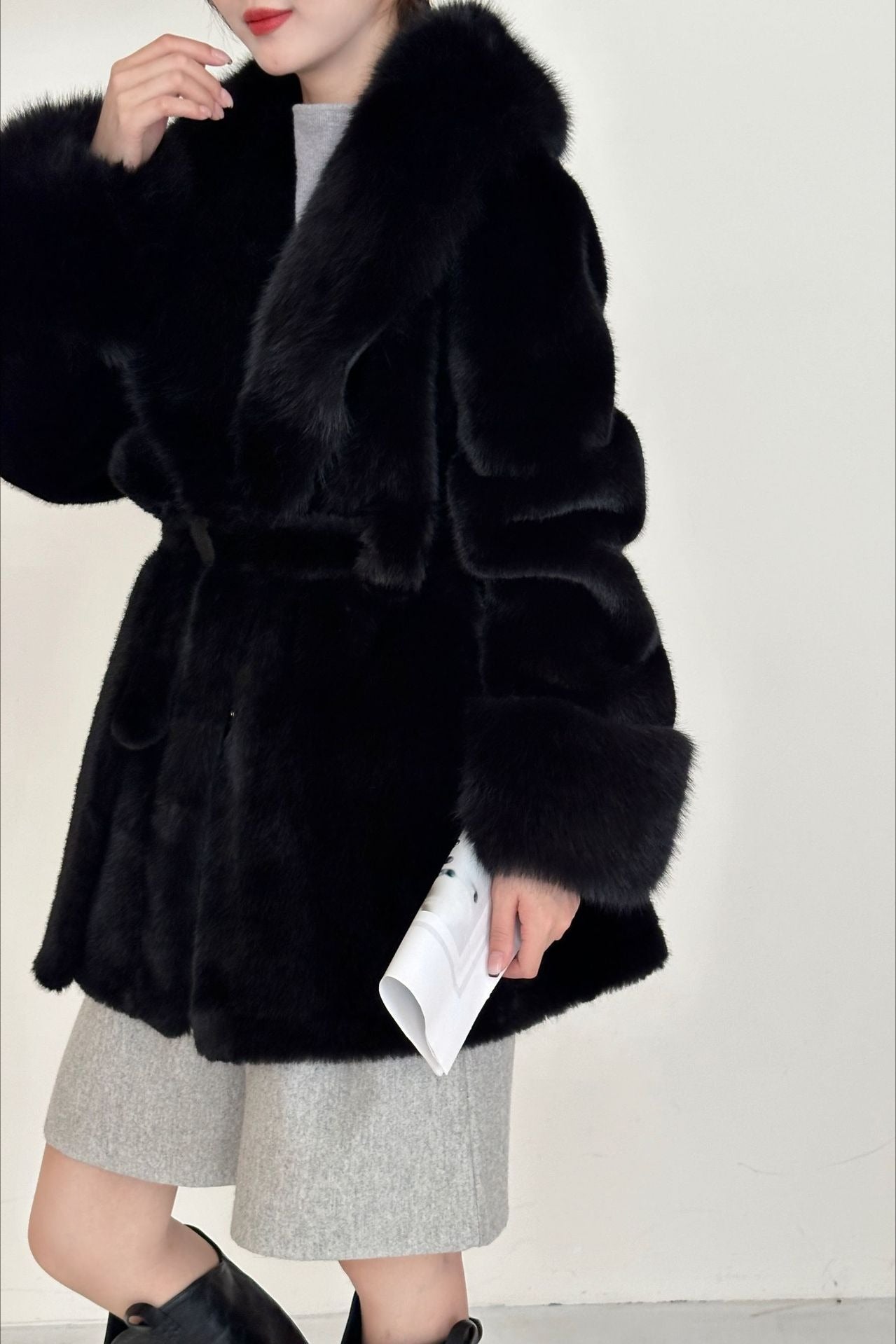 Faux Animal Fur Suede Mid-Length Notch Collar Tie Waist Coat