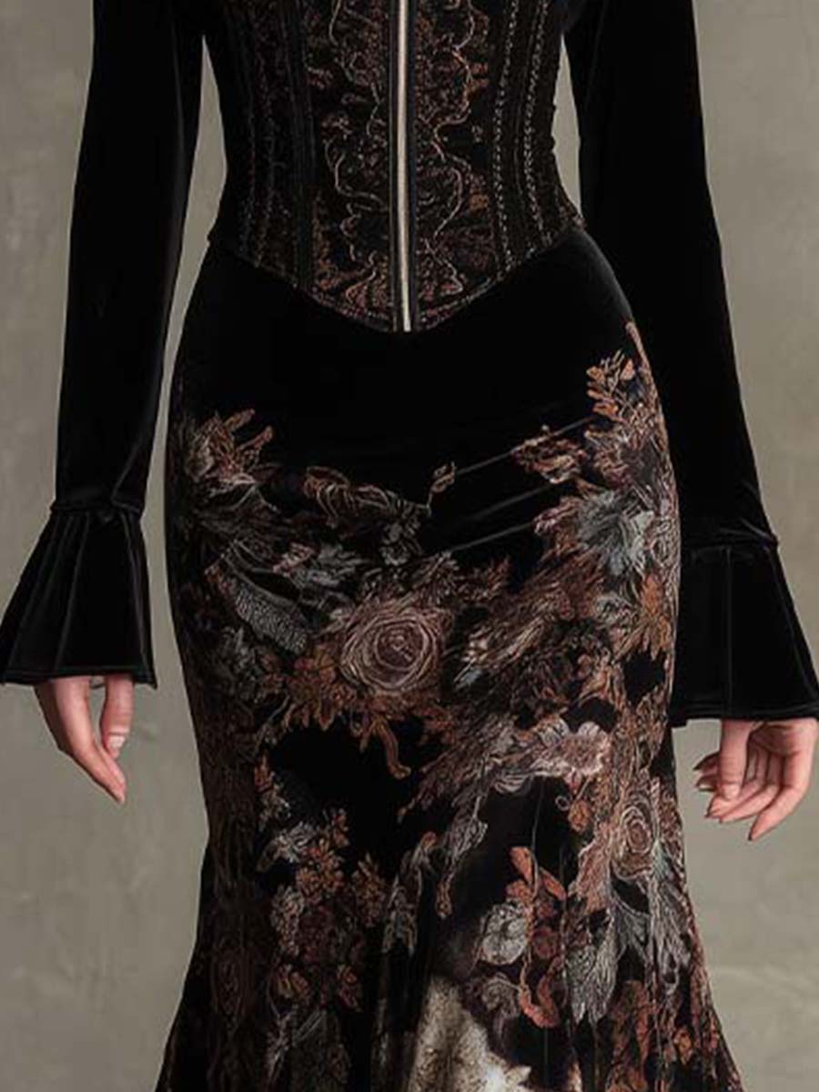 Baroque Floral Velvet Maxi Dress With Corset Waist