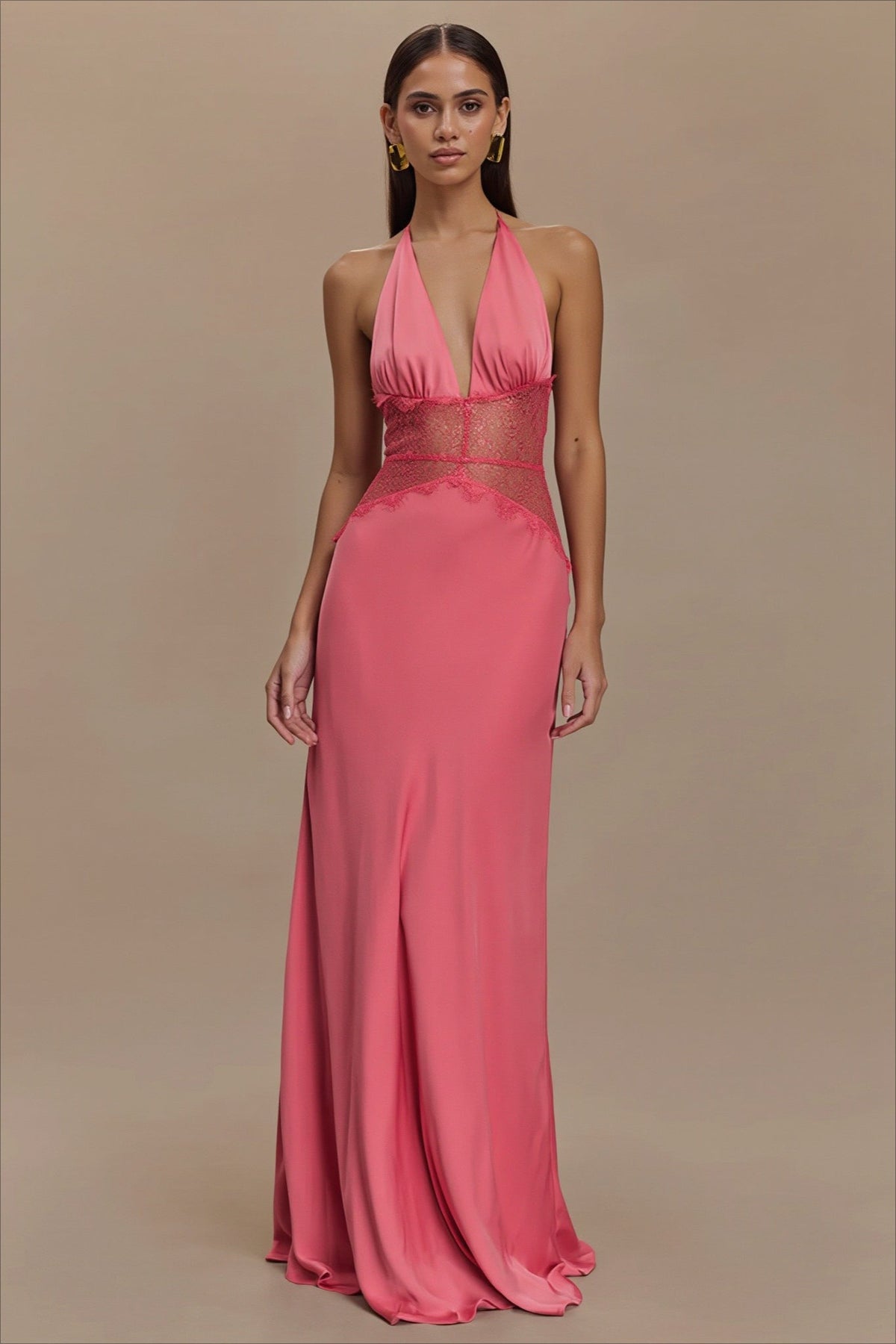 Satin Halter Neck Lace Waist Plunge Dress