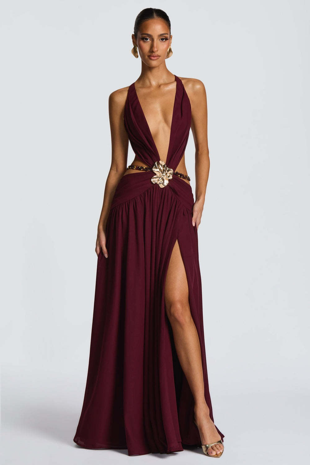 Plunge V-Neck Halter Neck High Slit Chiffon Maxi Gown 3