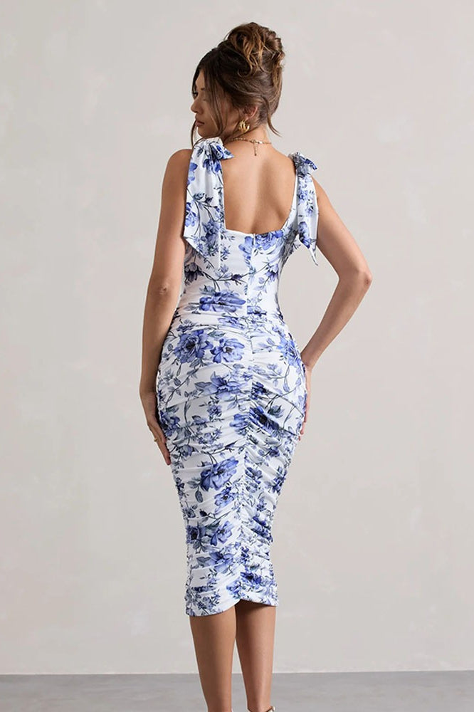 Floral Print Square Neck Tie Strap Ruched Bodycon Midi Dress
