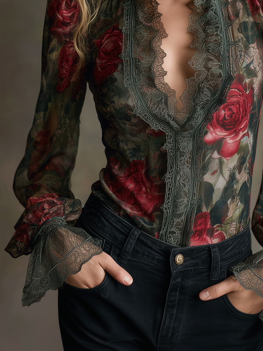 Vintage Romantic Rose Floral Lace Sheer Blouse