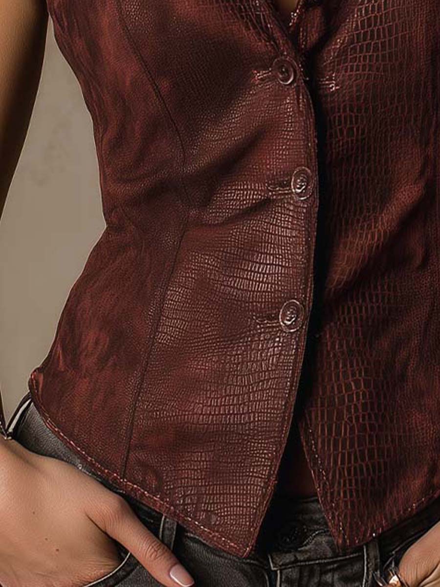 Burgundy Western Croc Embossed Faux Leather With Micro Suede Vest - Fashionpara