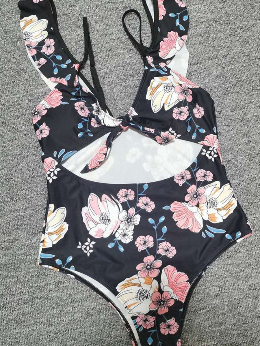 Floral Print Knot Front One-piece Swimsuit - Fashionpara