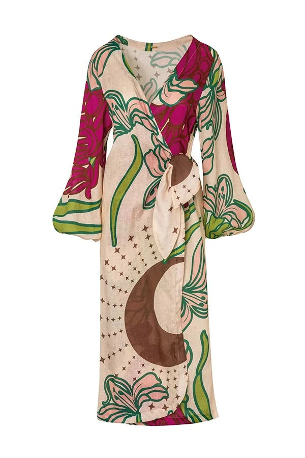 Tracey Linen Blend Unique Print Balloon Sleeve Tie-up Tunic Maxi Dress - Fashionpara