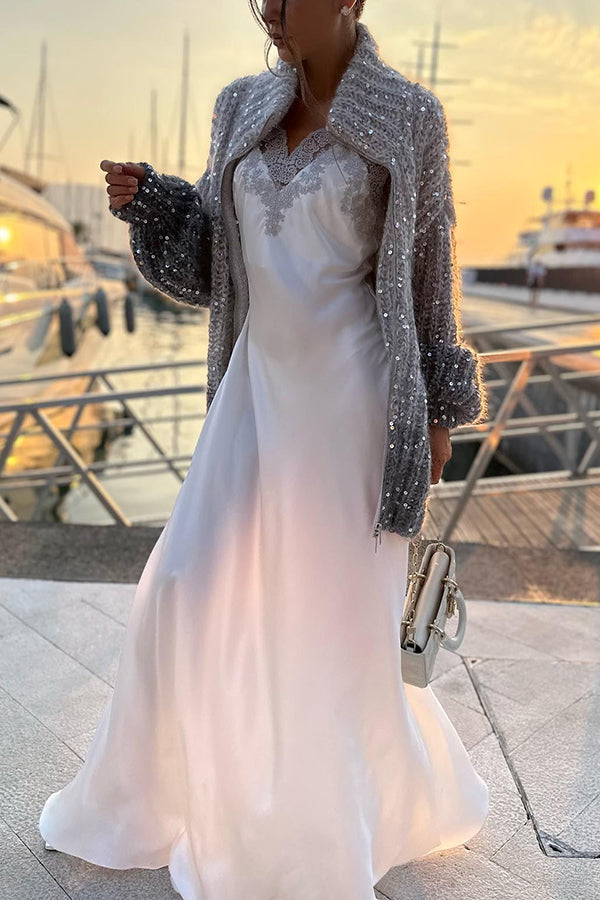 Chic Loose Knit Cardigan with Sequin Balloon Sleeves