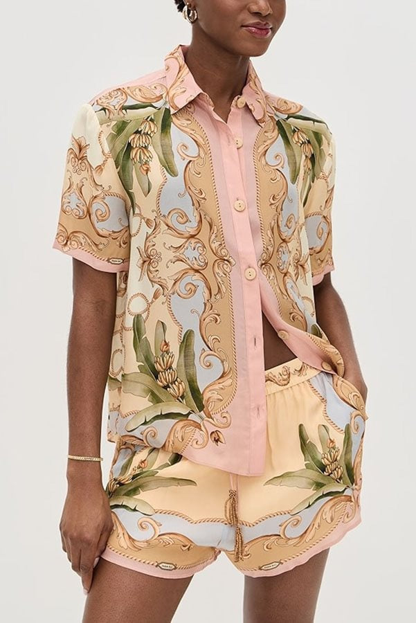 Royalty Unique Print Button Up Short Sleeve Shirt and Elastic Waist Pocketed Loose Shorts Set - Fashionpara