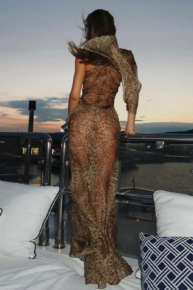 One Shoulder Sheer Leopard Maxi Dress