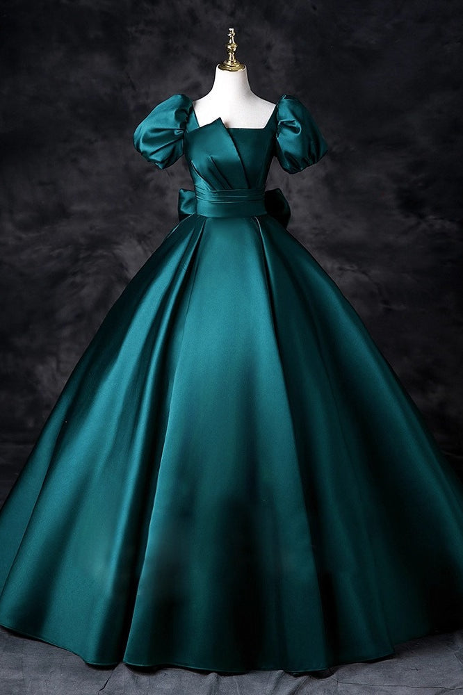 Satin Square Neck Puff Sleeve Bow A-Line Ball Gown - View 2