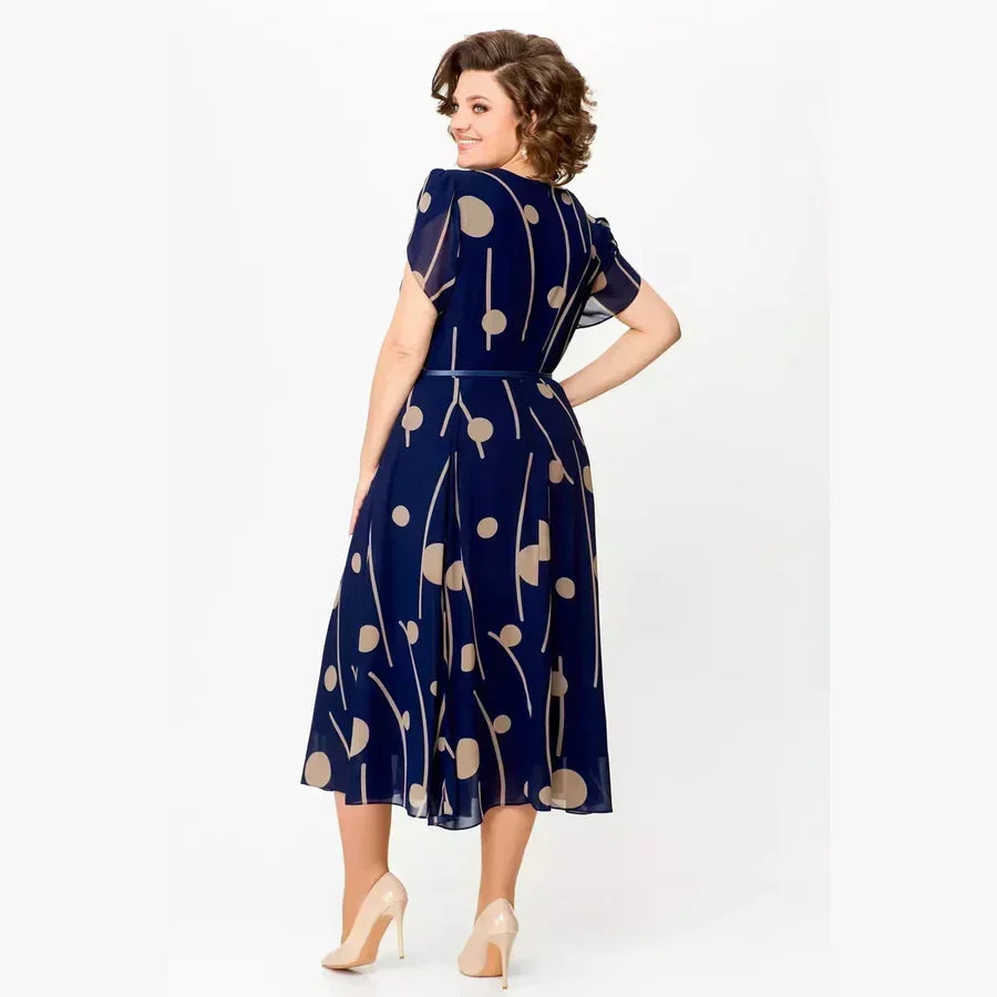 Round Neck Flutter Sleeve Abstract Print Chiffon Midi Dress 2