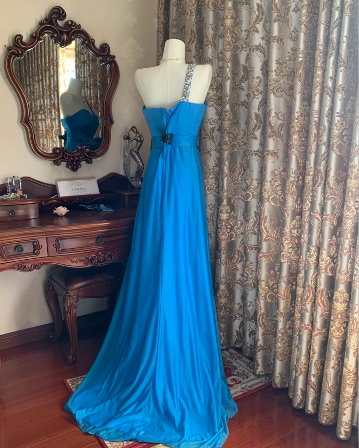 Vintage One Shoulder Blue Satin Beaded Long Wedding Guest Dress Birthday Party Dress With Bow D1751