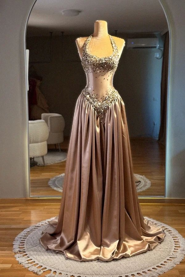 Gorgeous Halter Satin Beaded Long Evening Dress Birthday Party Dress D1281