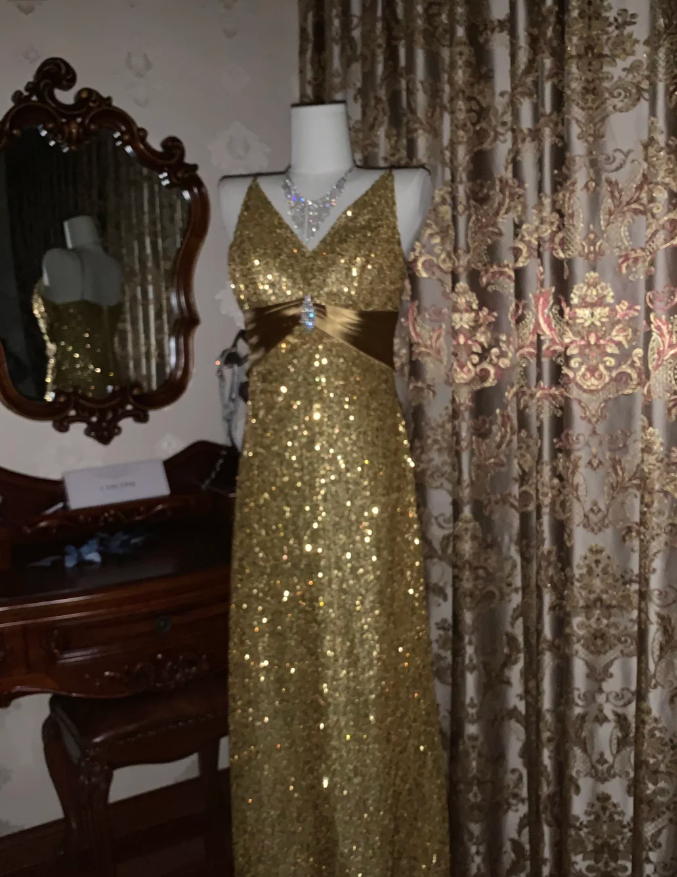 Glitter V Neck Sequin Beaded Gold Mermaid Party Dress Long Evening Dress D1725