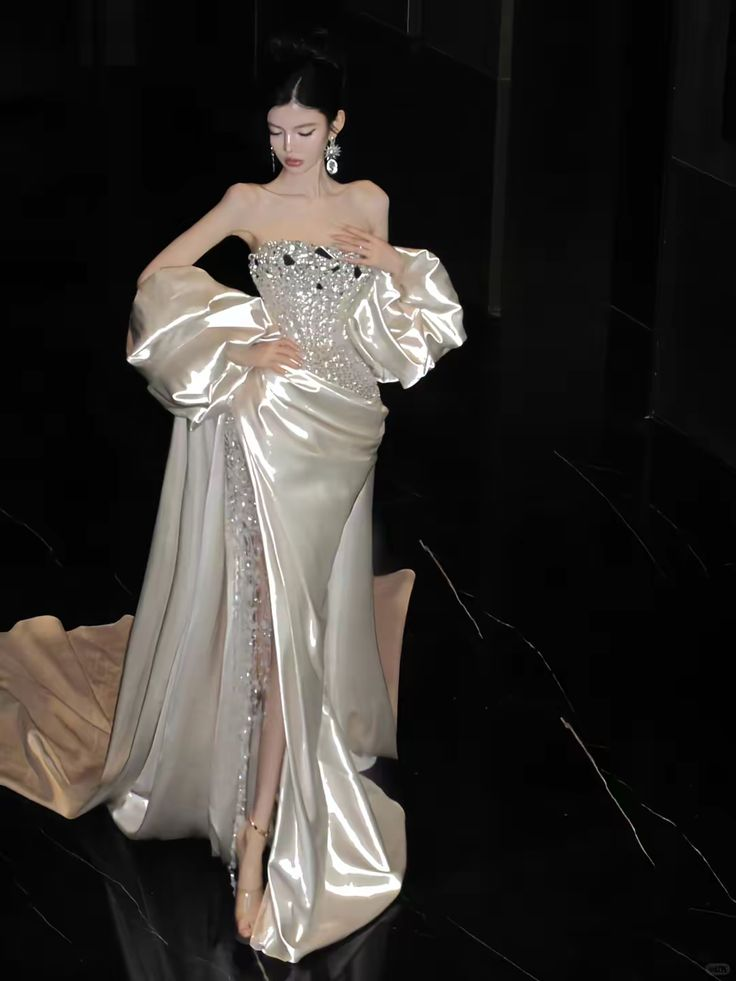 Luxurious Ivory Strapless Satin Sequin Beaded Slit Mermaid Evening Dress Party Gown D1193