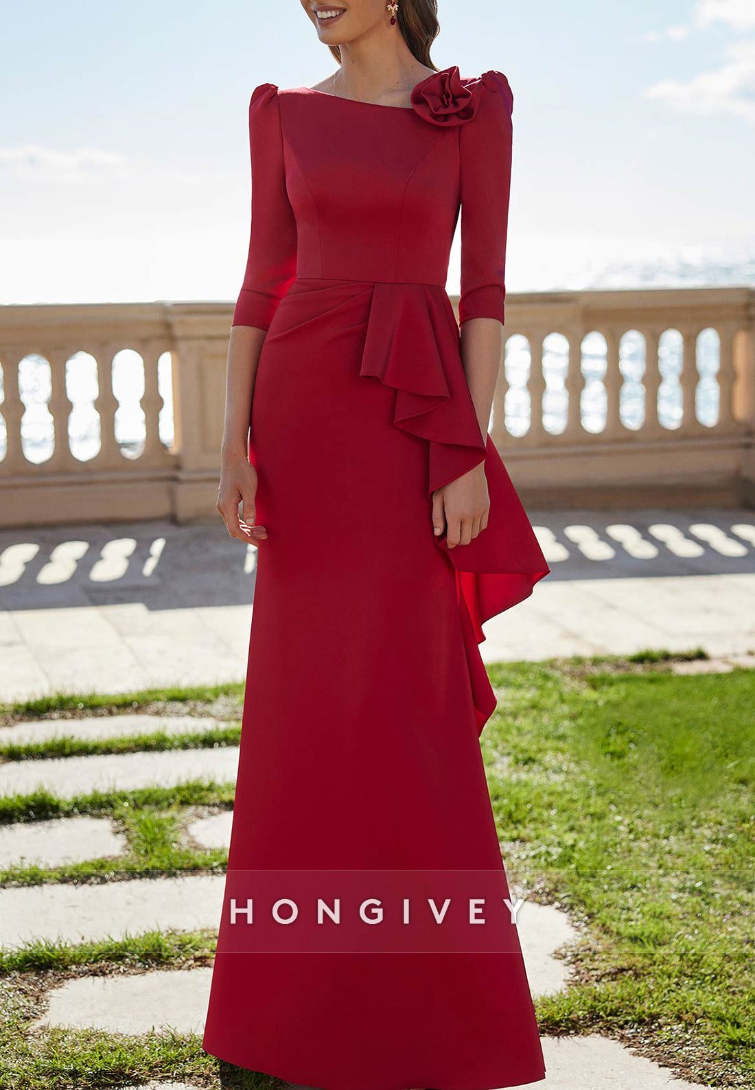 Trumpet Floor-Length Satin Half Sleeve Pleated Shoulder Flower Mother of the Bride