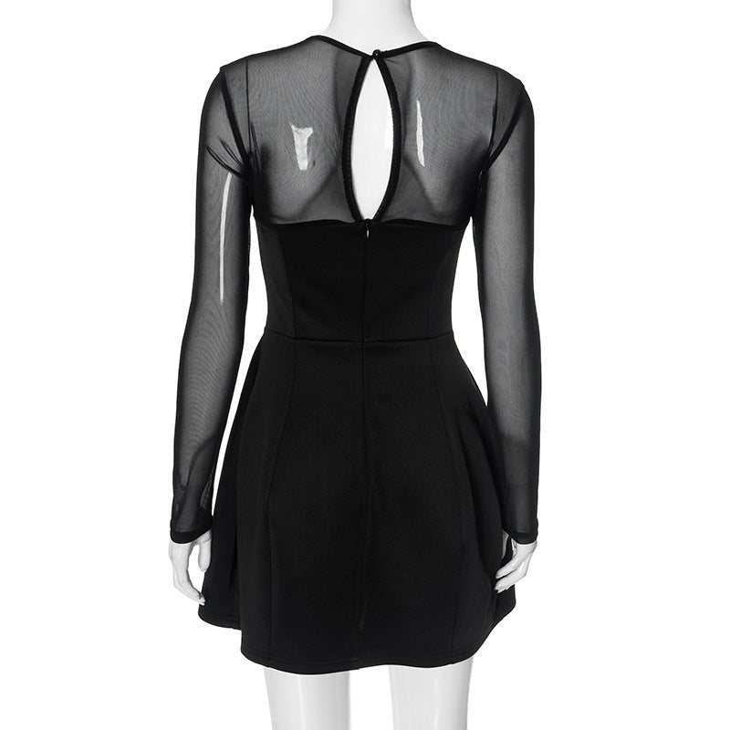 Mesh Yoke Long Sleeve Fit-and-Flare A-Line Mini Dress 7