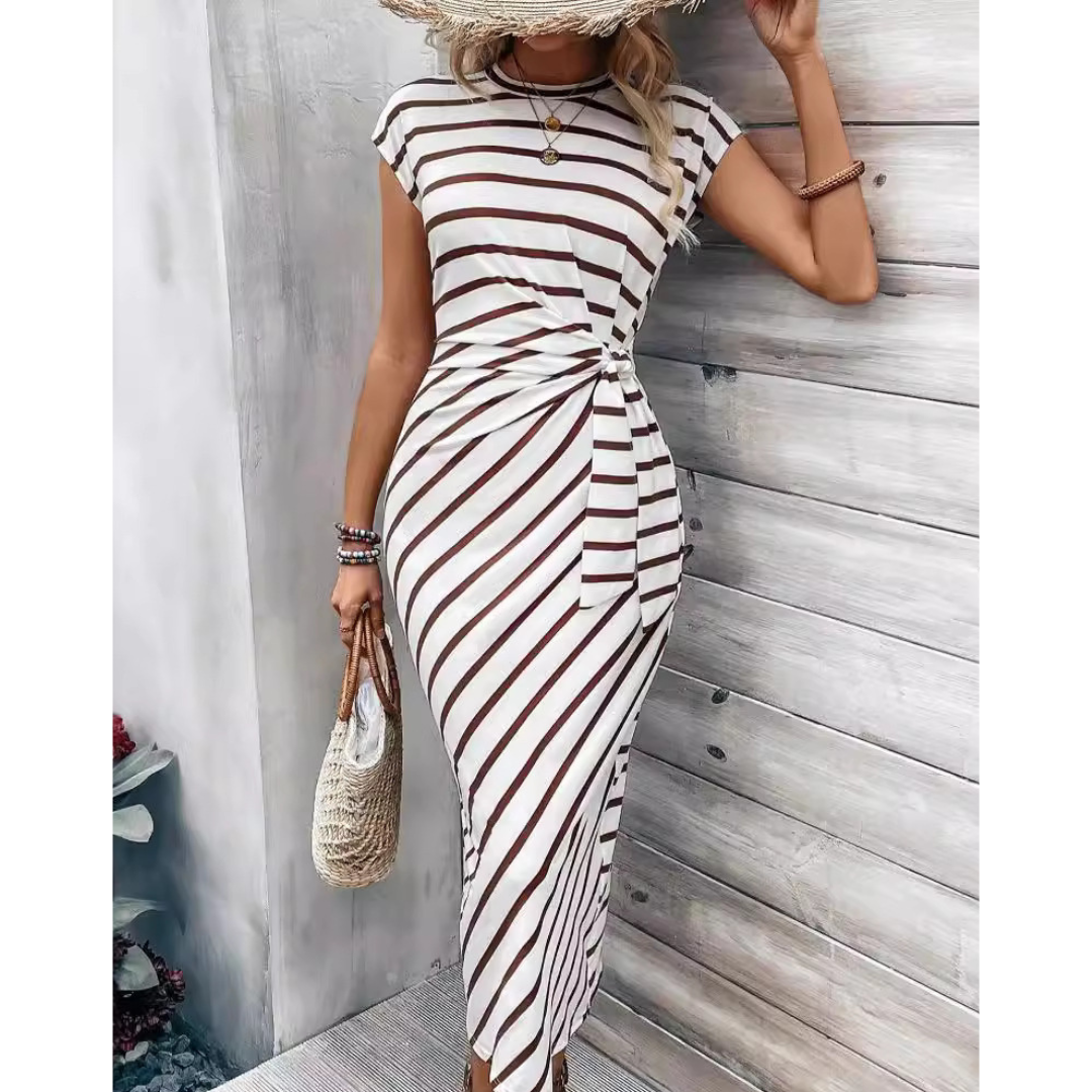 Striped Round Neck Cap Sleeve Twist Front Bodycon Midi Dress 7