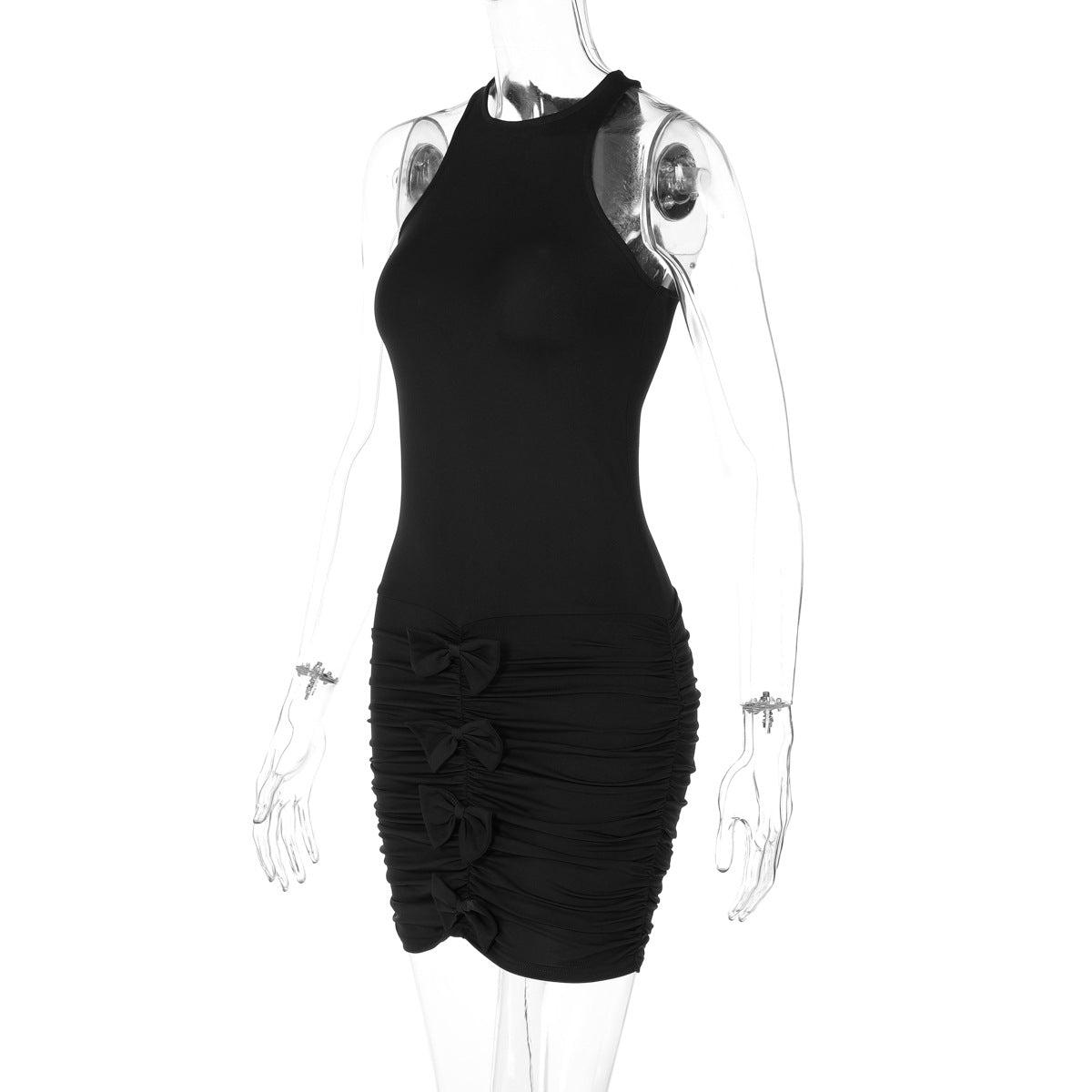 High-Neck Sleeveless Lace-Up Ruched Bodycon Mini Dress 6
