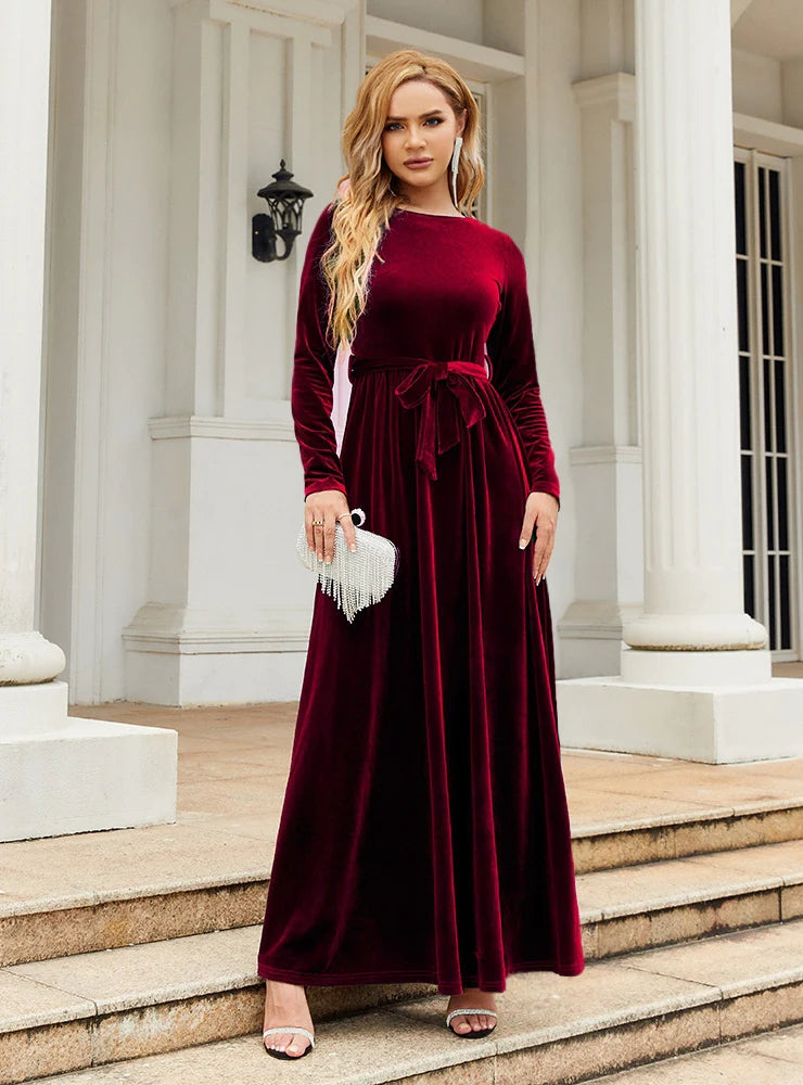 Velvet Round-Neck Long-Sleeve Belted A-Line Maxi Dress 6